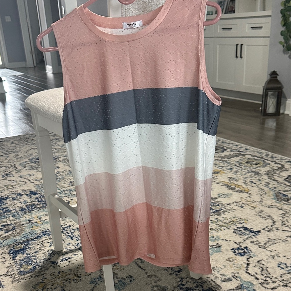 Zeagoo Pink, Gray, and White Striped Tank Top